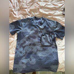 Gray Navy Embossed Monogram Short Sleeve Tee with Zip Pocket